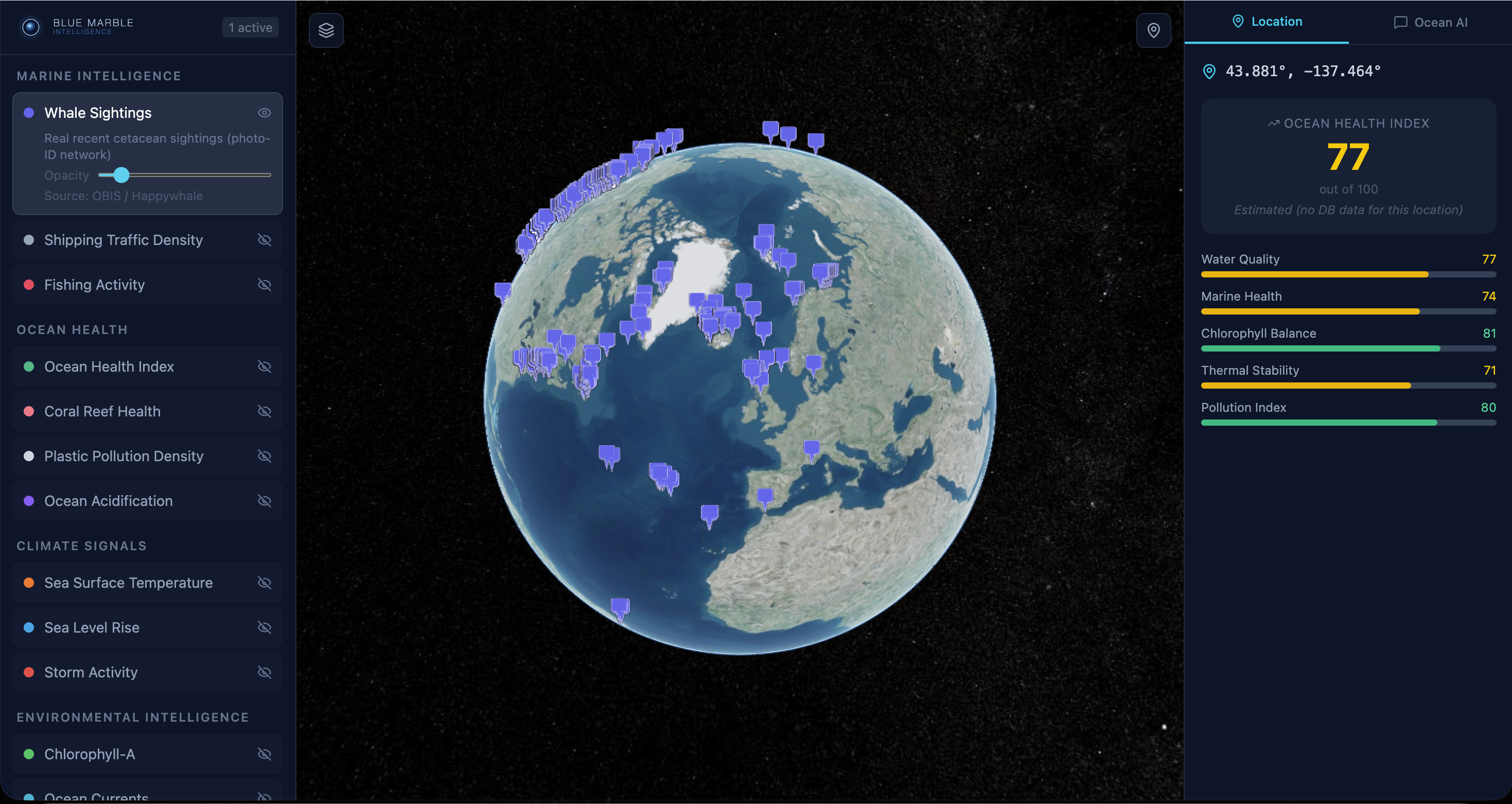 Blue Marble platform dashboard showing marine intelligence layers, whale sightings, and ocean health scoring on a 3D globe