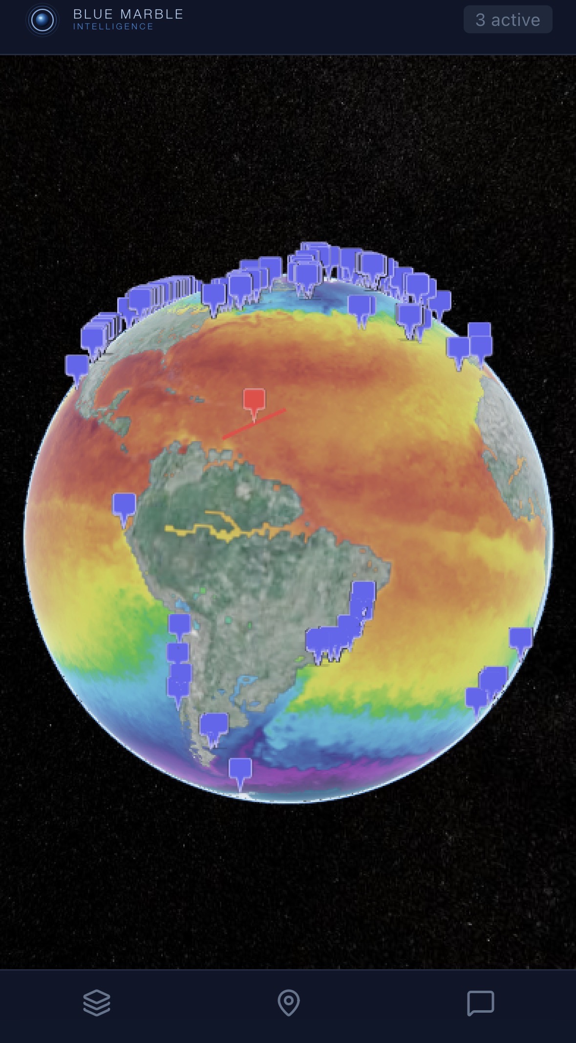 Blue Marble platform on iPhone showing a climate signal overlay and location pins on the 3D globe
